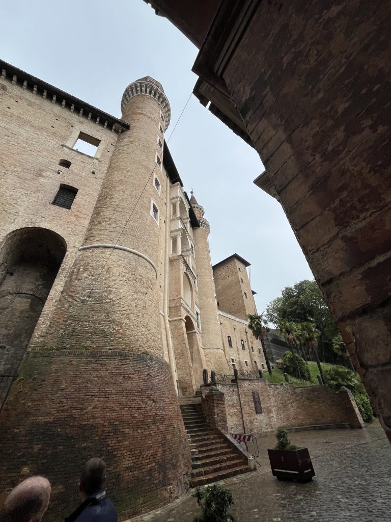 Side view from below of the facade of the Ducal Palace in Urbino